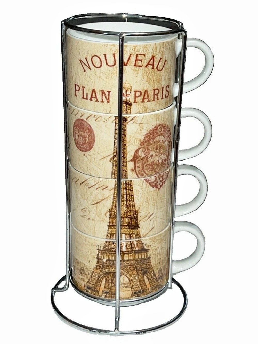 Nouveau Plan Paris Eiffel Tower Stackable Mugs with Metal Rack